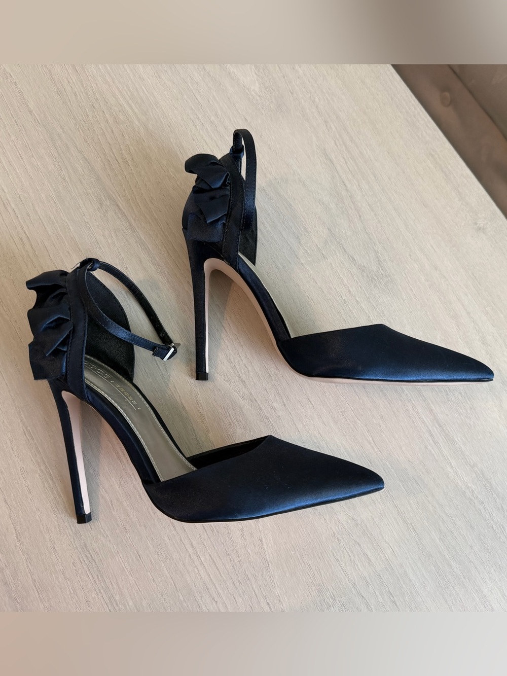 ASOS Navy Satin Pointed-Toe Ankle-Strap Heels with Ruffle Detail - Picture 3 of 8
